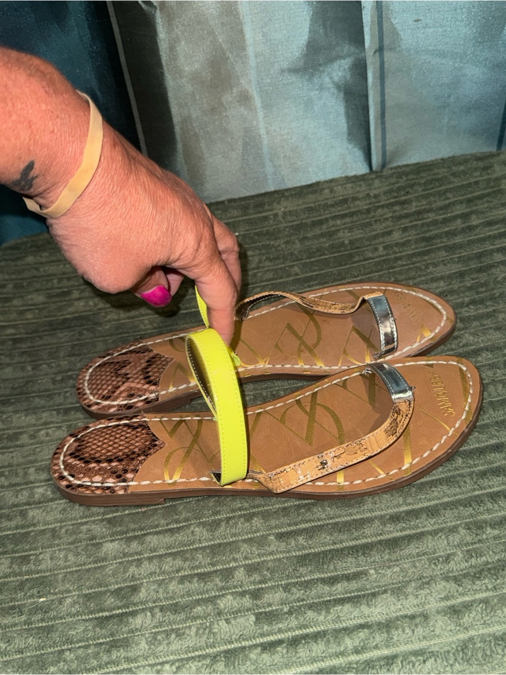 Sam & Libby Neon Yellow and Brown Patterned Slide Sandals